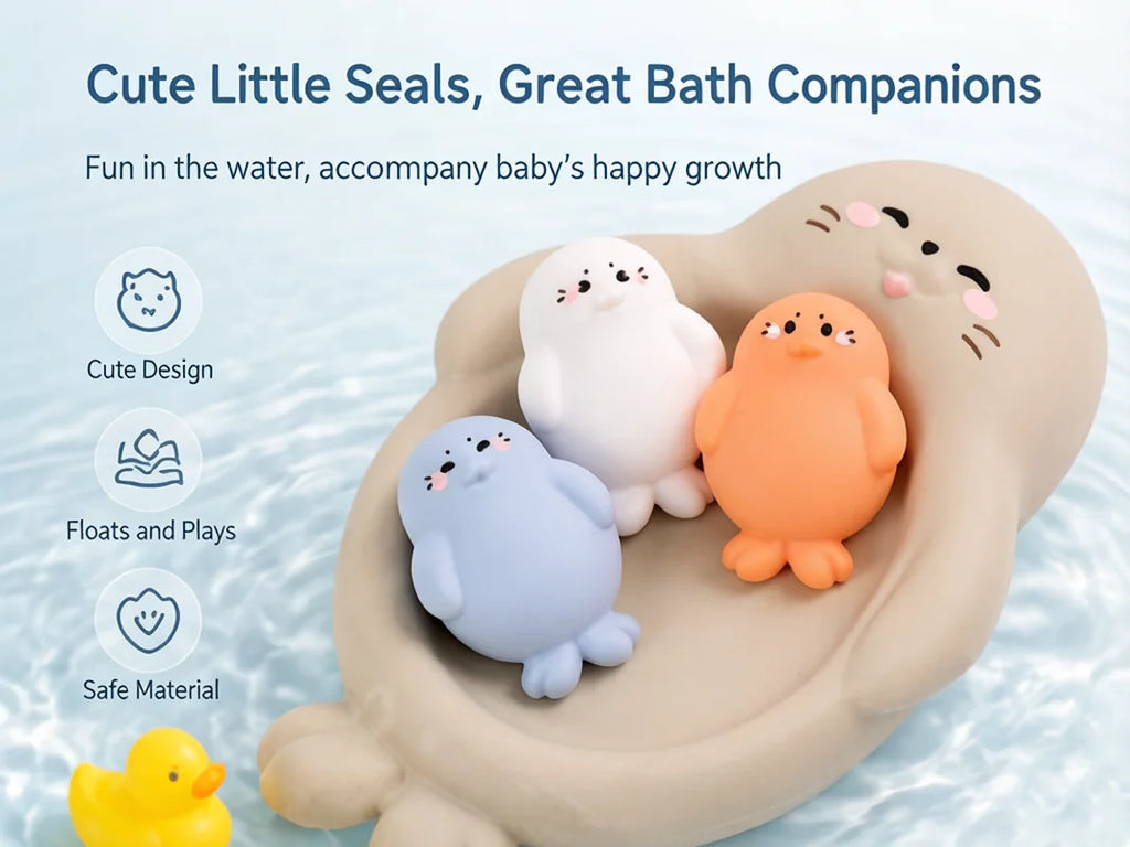Bath Toys, Floating Teether for Infants, Soft Silicone Squeeze Toys, Sensory Bathtime Set for Newborns, Cute Animal Bath Buddies
