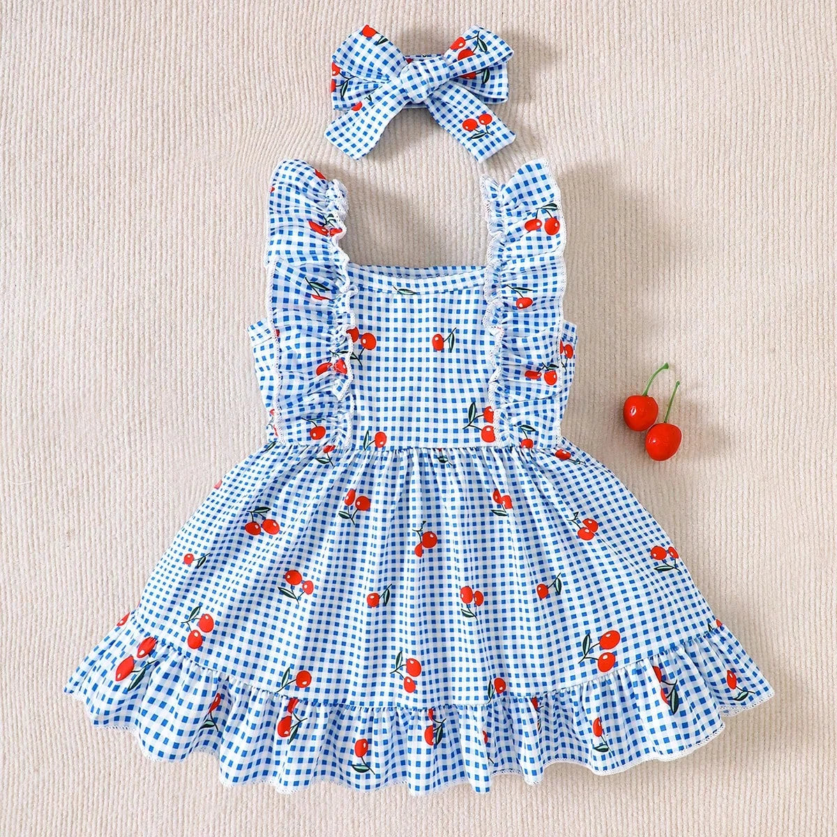 2-piece set of newborn baby girl pink cartoon strawberry plaid printed dress, cute, sweet, fresh bow headband, 0-3 months old, s