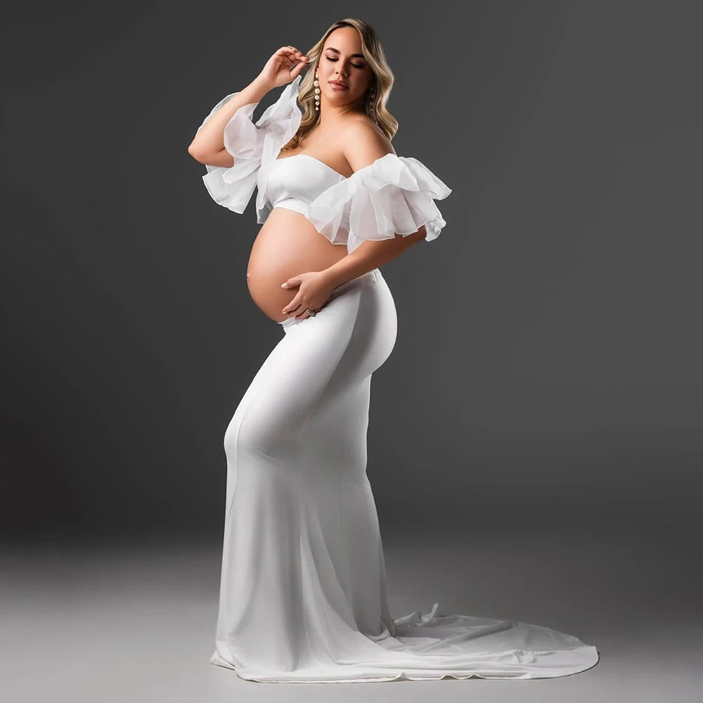 Maternity Ouifits 2Pcs Organza Sleeves Tube Top and Mermaid Hem Maxi Dress for Baby Shower Photoshoot