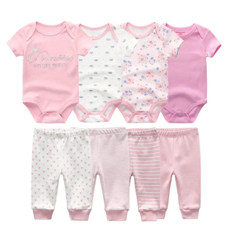8-Piece Cartoon Baby Bodysuits and Pants Cotton Newborn Unisex Short Sleeve Onesies Trousers 0-12 Months