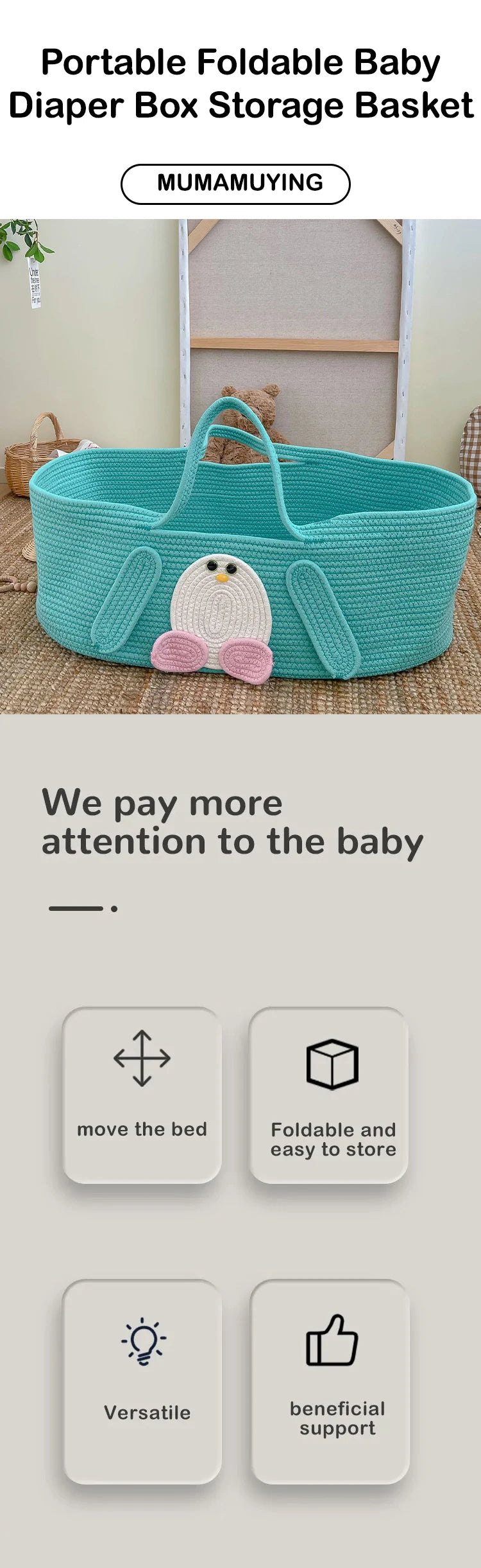 Cotton Rope Woven Baby Moses Basket With Handle Baby Diaper Changing Portable Bed Cartoon Penguin Hand Basket