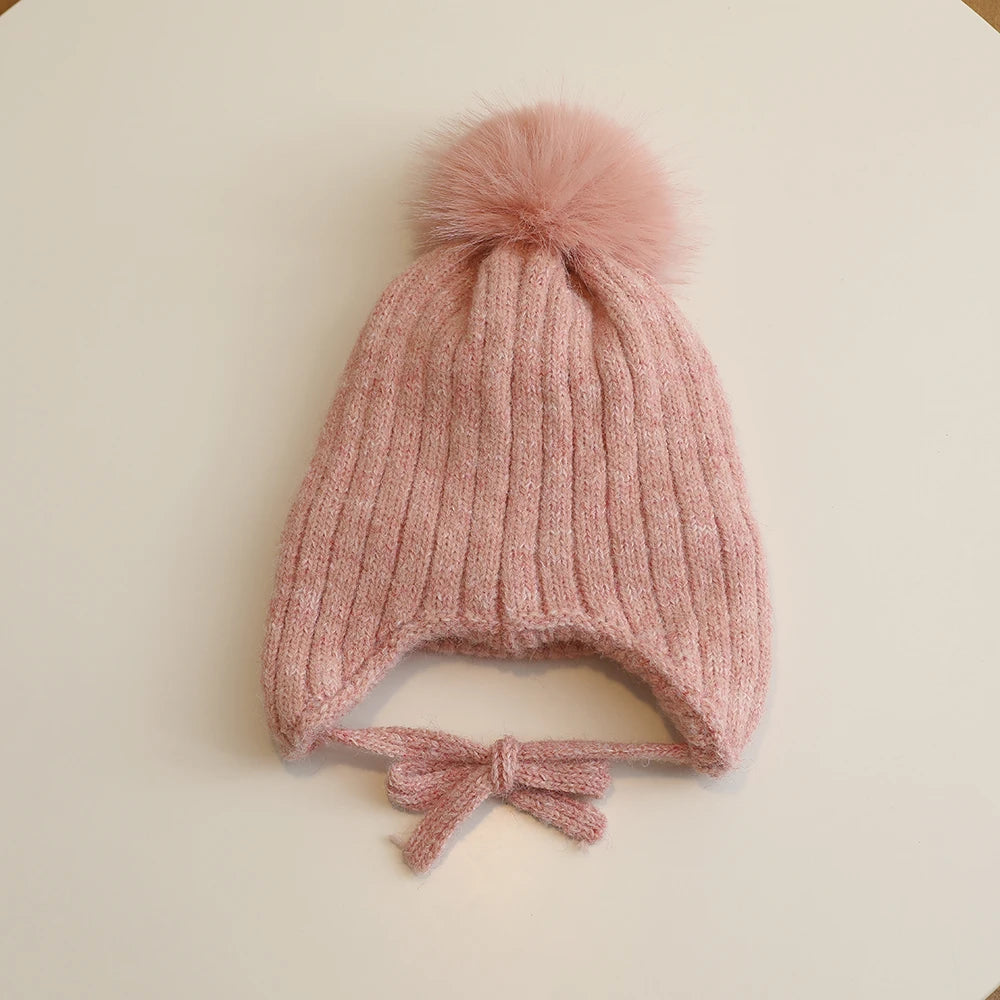 Princess Children Winter Hat for Girls Pompom Bows Kids Bonnet Hat Warm Ears Thicken Children Girl Cap Faux Fur Ball 2-6Y