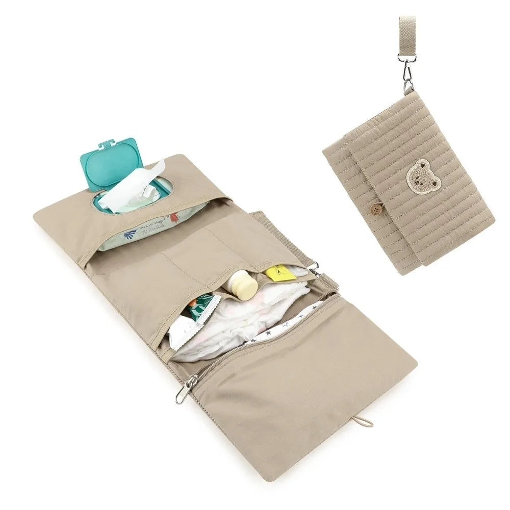 Cute Baby Hanging Diaper Bag Multi-Compartment Cotton Foldable Storage Pouch with Wipe Holder Detachable Strap