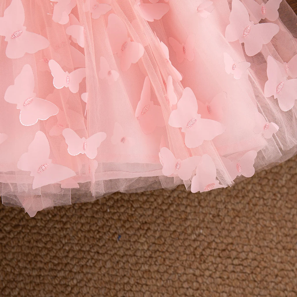 Summer Fashion Solid Color Toddler Princess Fairy Dress Korean Style Sweet Pink Bow Birthday Party Baby Girl Butterfly Dress