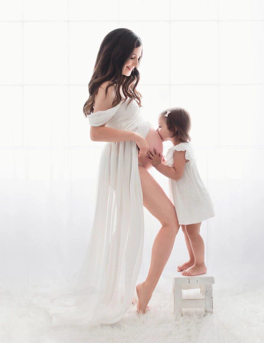 JustVH Maternity Off Shoulder Chiffon Lace Gown Split Front Maxi Photography Dress for Photoshoot