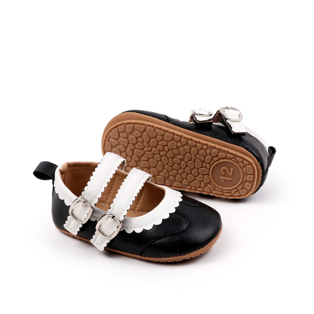 0-18 Months Infant Pre-walker Shoes, Scalloped Lace Trim Dual Buckle Strap Soft Non-slip Rubber Sole Indoor Baby Mary Jane Shoes