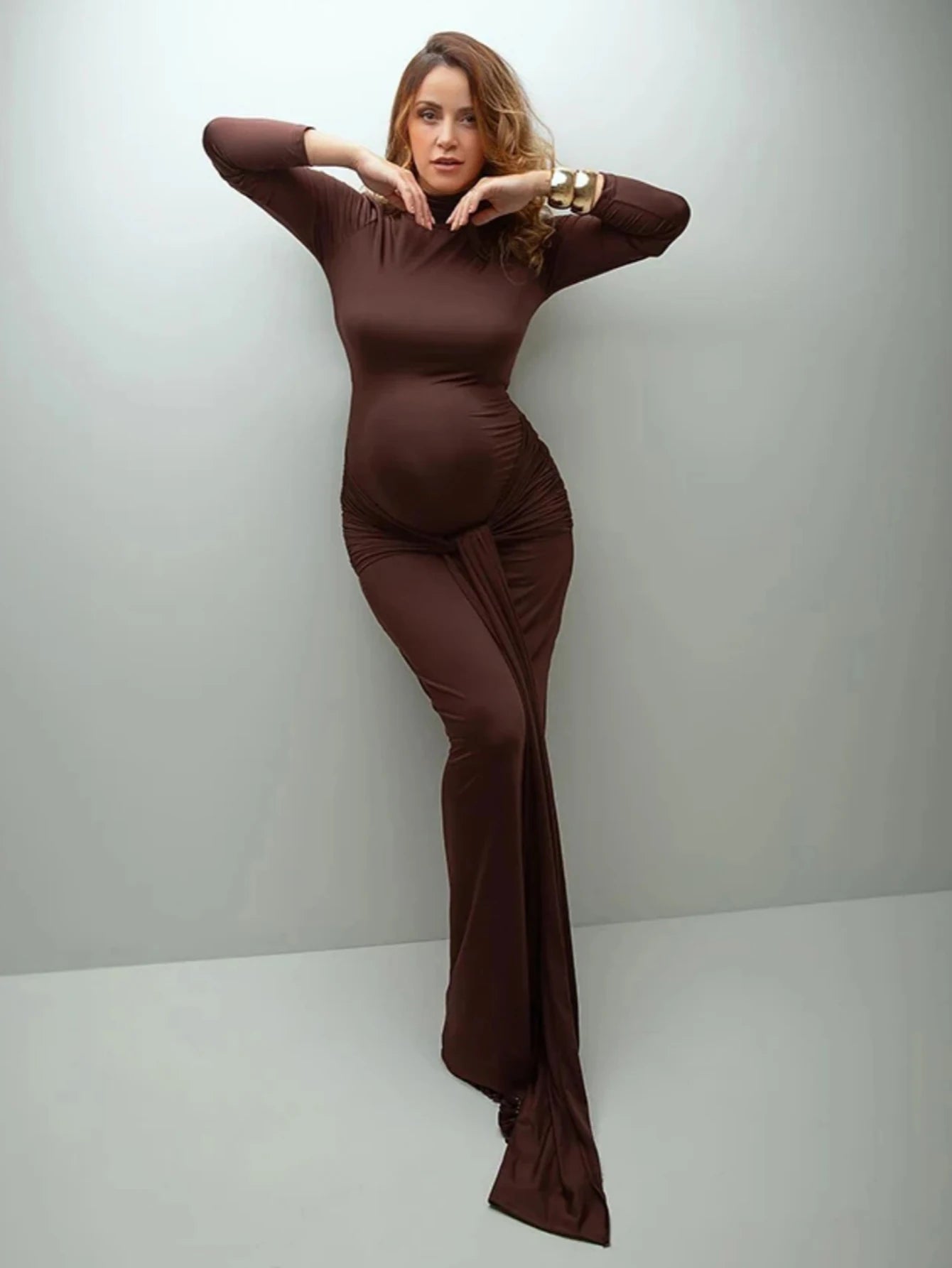 Maternity Long Sleeve Turtle Neck Maxi Photography Dress Solid Rouched Tie Gown for Photoshoot Baby Shower Party