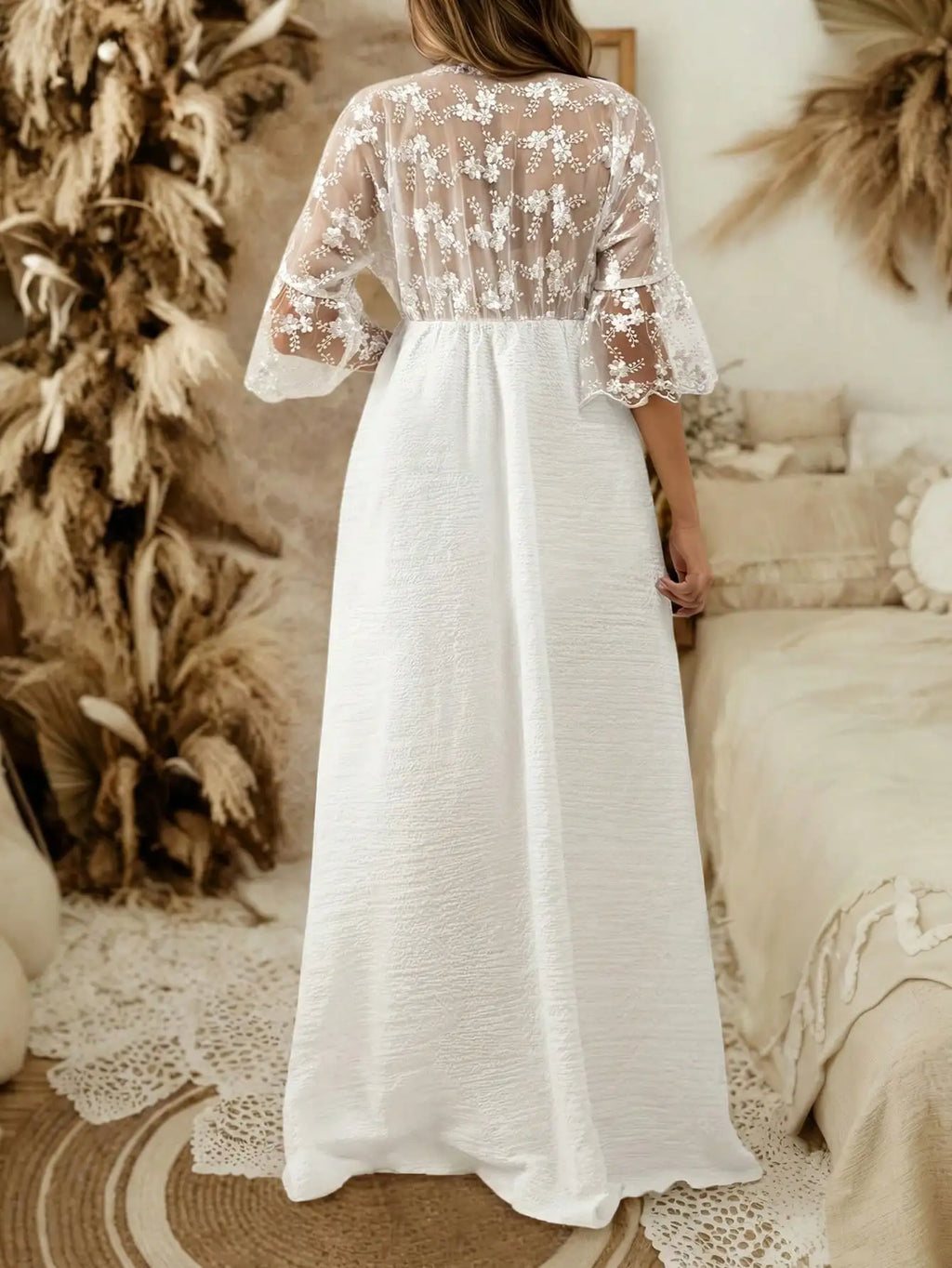 Pregnant Women's White Lace Maternity Maxi Dress V-Neck Flared Sleeves for Baby Shower, Pregnancy Photoshoot & Wedding Guest