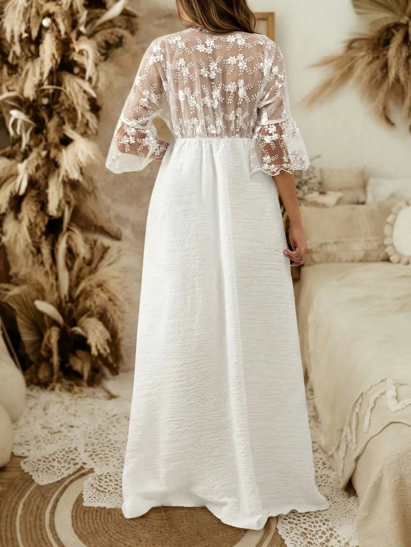 Pregnant Women's White Lace Maternity Maxi Dress V-Neck Flared Sleeves for Baby Shower, Pregnancy Photoshoot & Wedding Guest