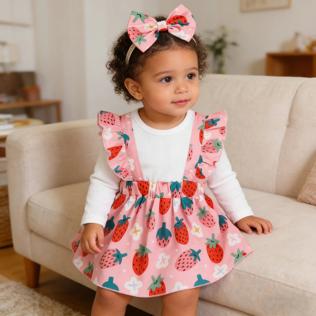2Pc/Set Baby girl Dress  Ruffled Strawberry Print long sleeved Dress suitable Cute Baby girl 0-24 Months Spring and autumn Dress
