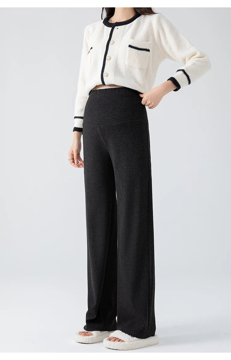 2026 Autumn Pregnant Woman Straight Pants Adjustable Waist Maternity Knitted Trousers