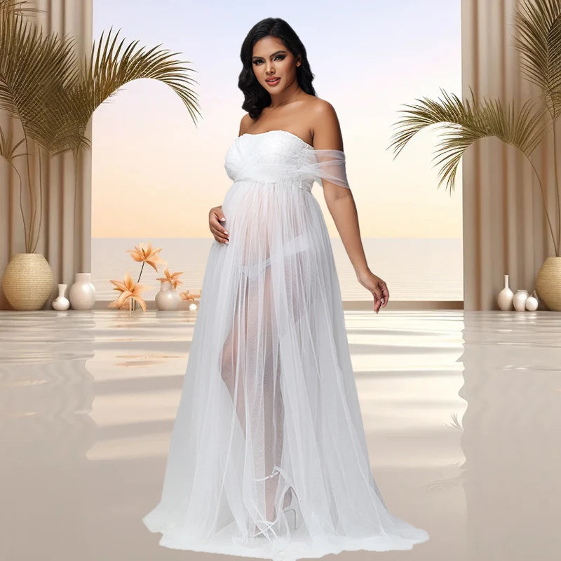 Maternity Lace Mesh Long Dress Pregnancy Shouldless Maxi Gown Dresses Soft Tulle Fabric Strapless for Baby Shower Photo Shoot