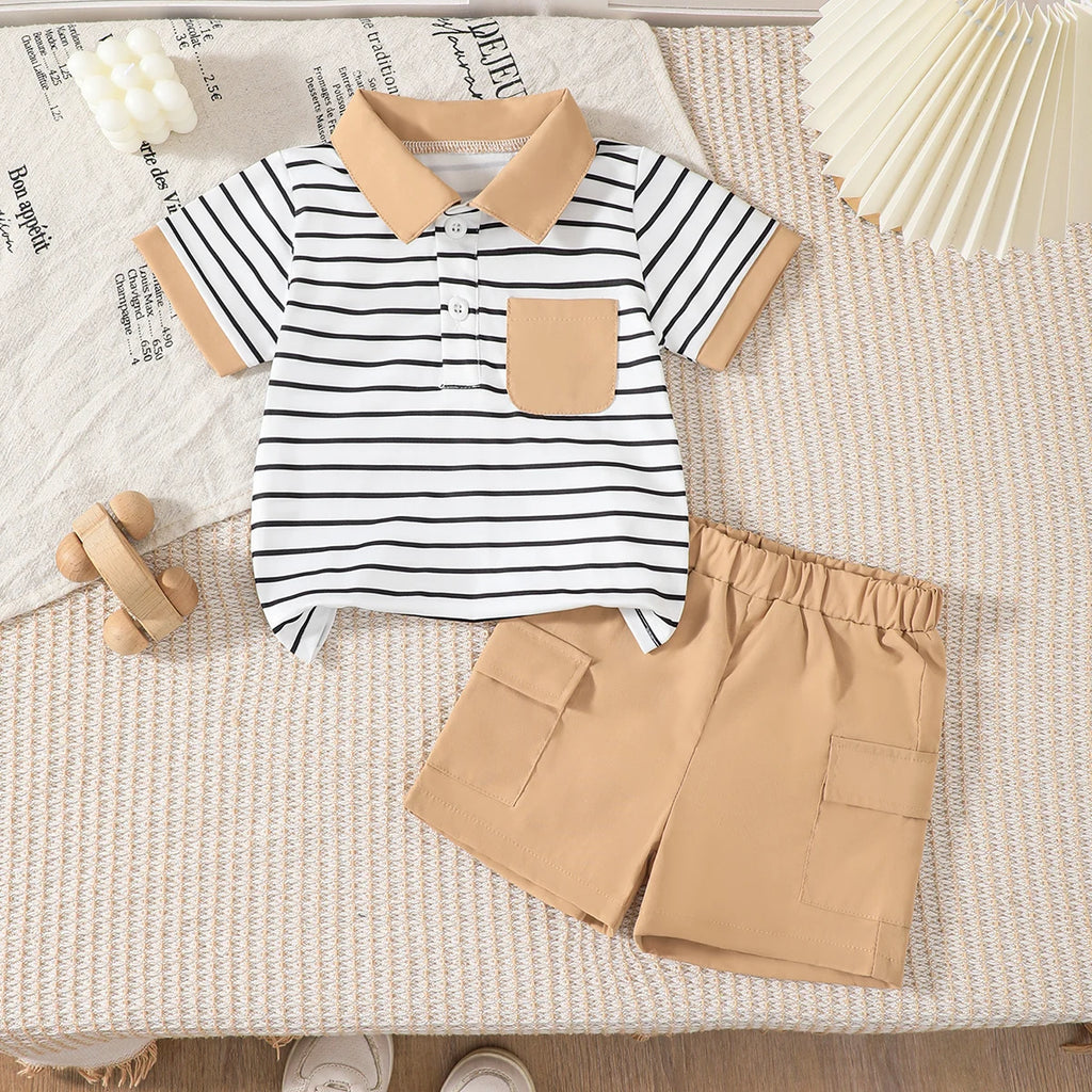 2025 Baby Boys Summer Set with Collar Striped Short Sleeves and Shorts Two Piece Set Suitable for 0-3 Year Toddlers Baby Boys