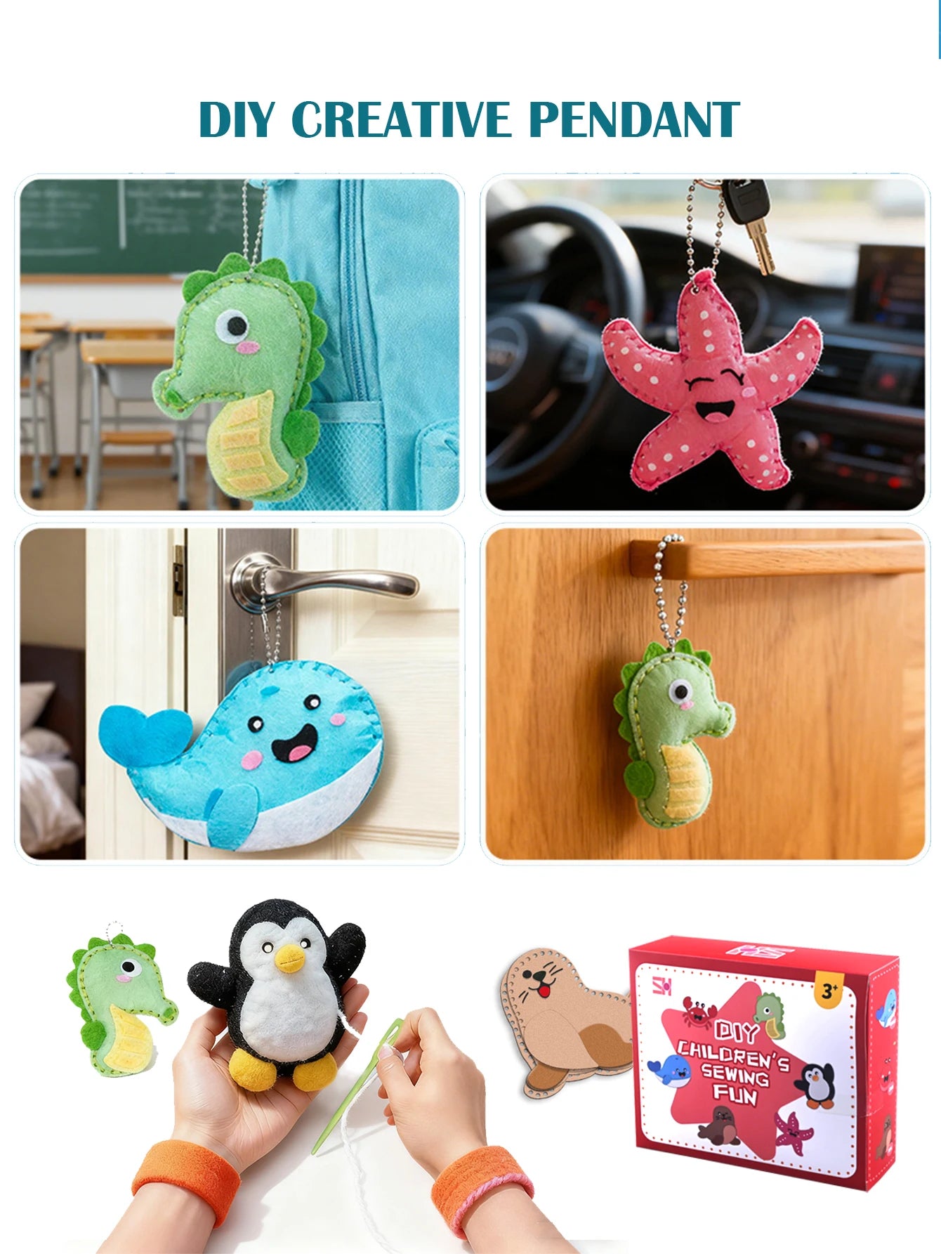 DIY Sewing Toys for Kids, Make Milk Tea Ocean Animal Plushie Craft Set Handmade Fabric with Holes and Threads Gifts