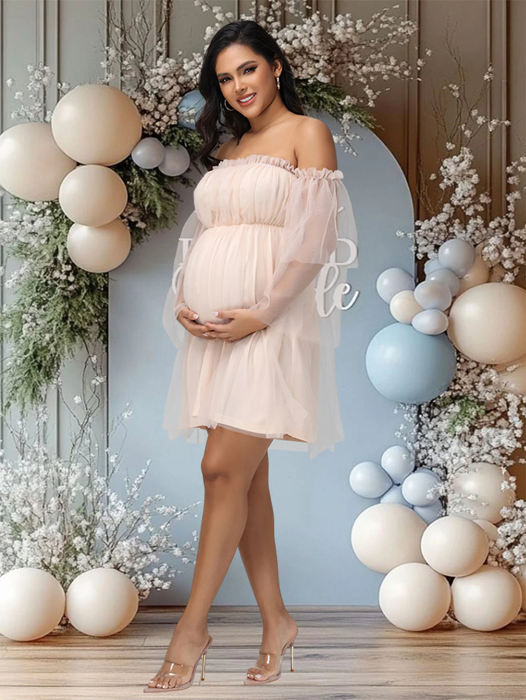 Maternity Mesh Photography Gown Long Sleeves Off-shoulder Elegant Summer Short Dress for Baby Shower Photoshoot