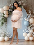Maternity Mesh Photography Gown Long Sleeves Off-shoulder Elegant Summer Short Dress for Baby Shower Photoshoot