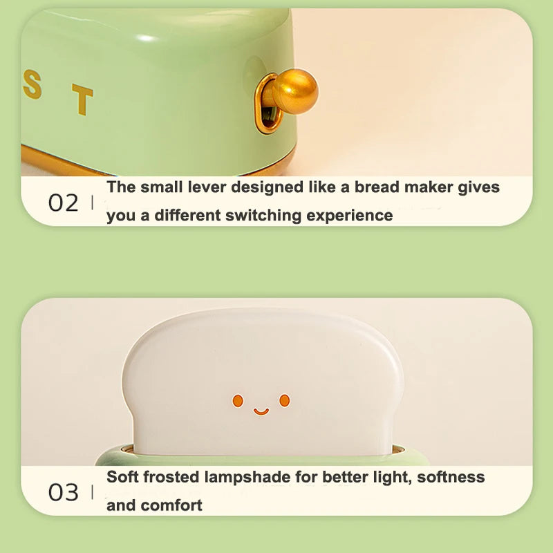 Rechargeable Cute Toaster Night Light - Toast Shape Bedside Lamp with Smile Face,Dimmable Desk Decor,Bedroom,Living Room,Gift