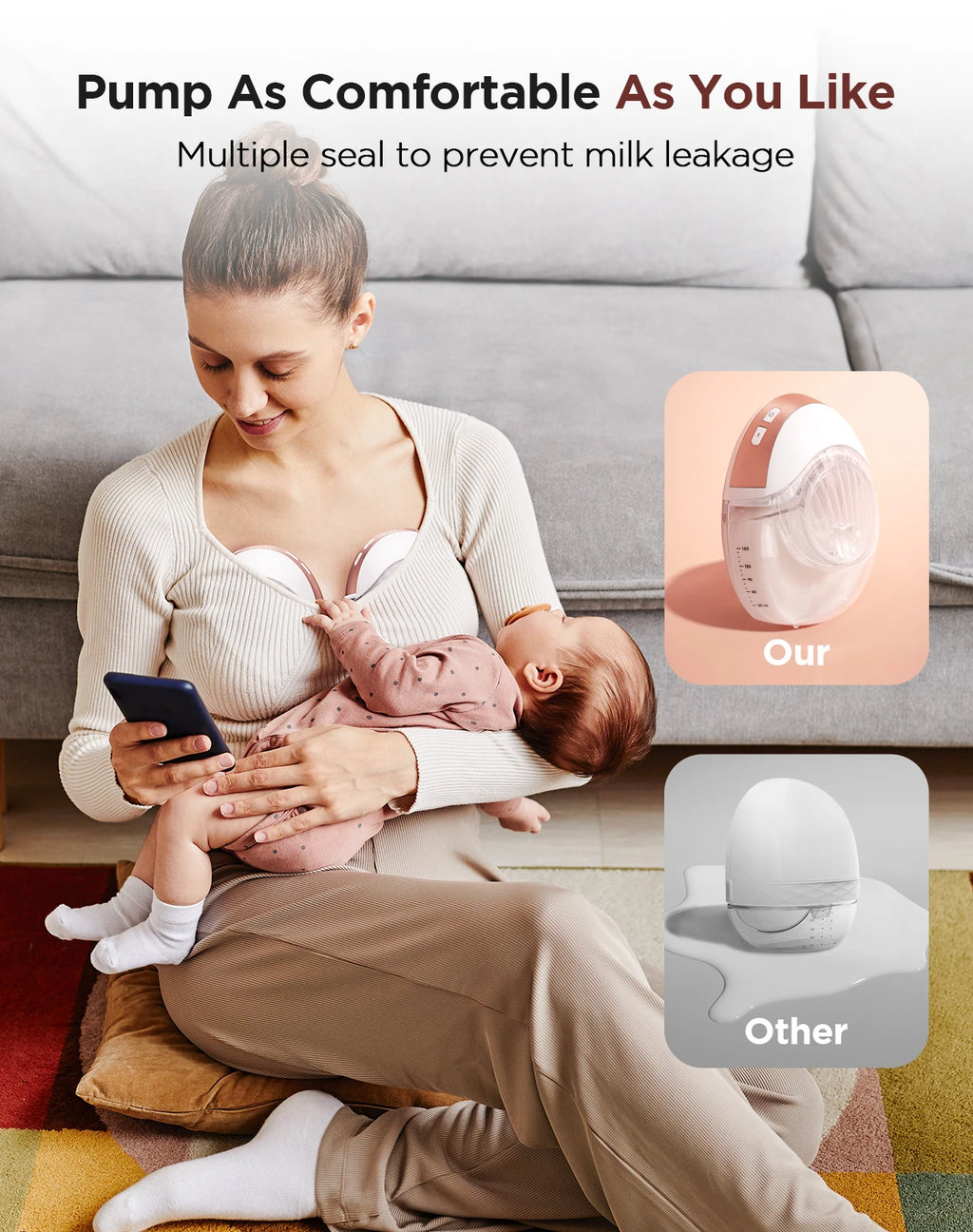 Wearable Electric Breast Pump 3 Modes 12 Levels Silent Leak-Proof Hands Free Breastpump Breastfeeding with 17/19/21/24mm Flange