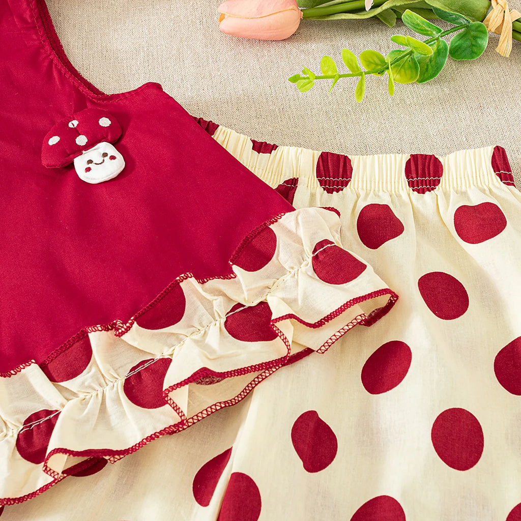 Children's Top and Bottom Clothes Set Summer Cute Cartoon Red Shirt with Comfortable Breathable Polka Dot Baby Girl Pants Outfit