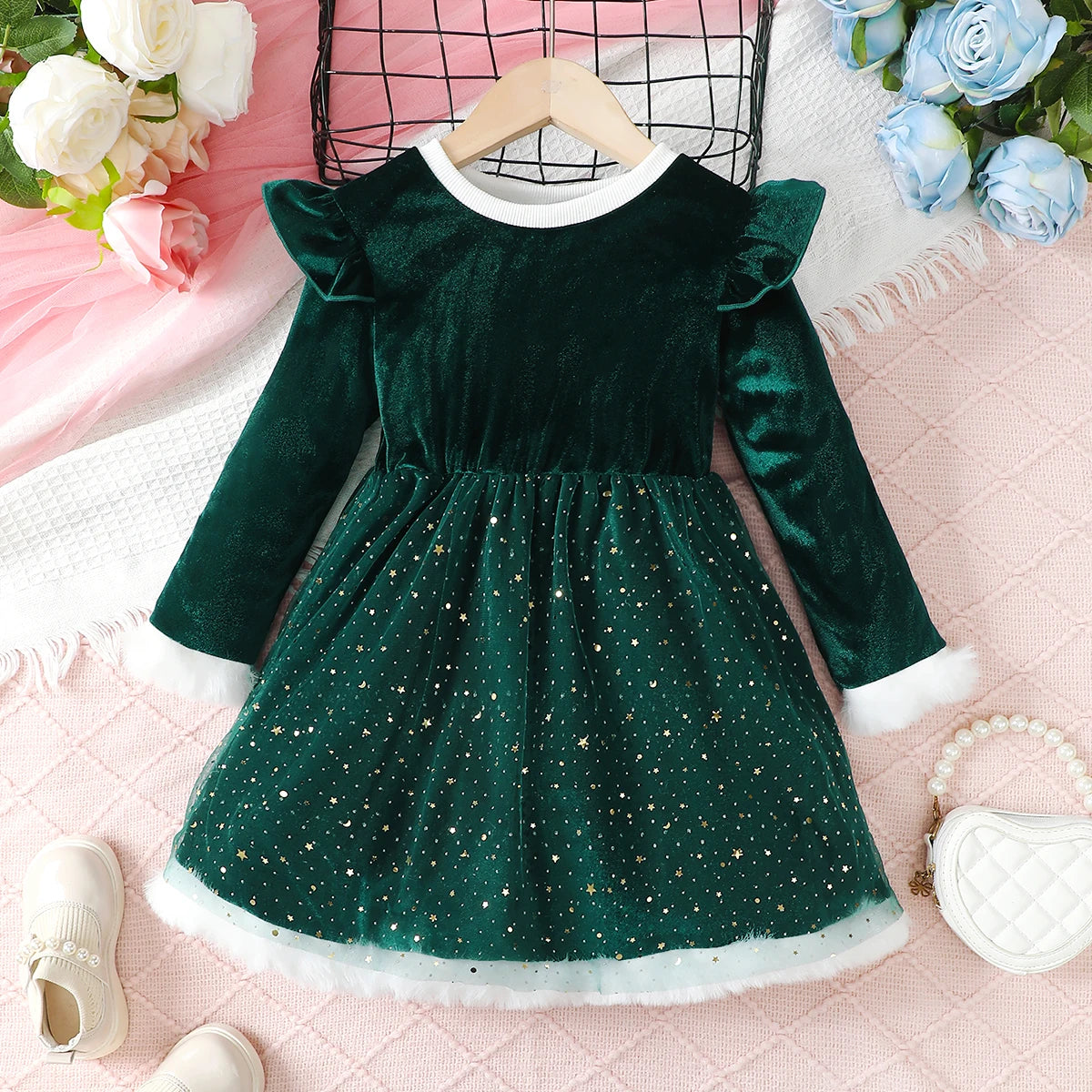 4-7 Year Children Girls Dress Round neck Satin Stars Tulle Ceremonial Dress for Girls' Spring  Autumn Fashion Party Dress