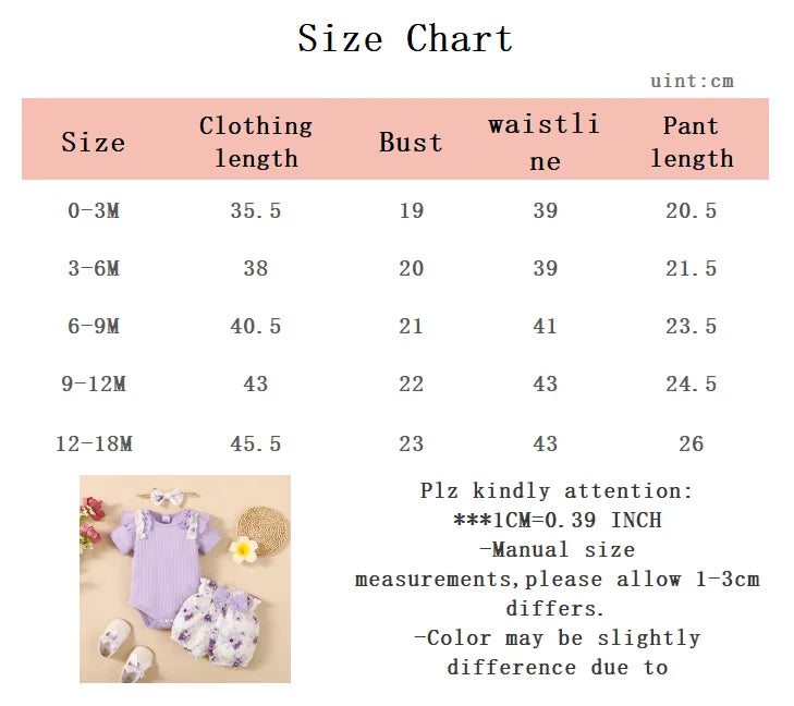 3pcs Baby girl Ruffle edge pit stripe Short sleeved Bodysuit+Elastic Printed Shorts+Bow Headband 0-18 Months Baby Summer Set