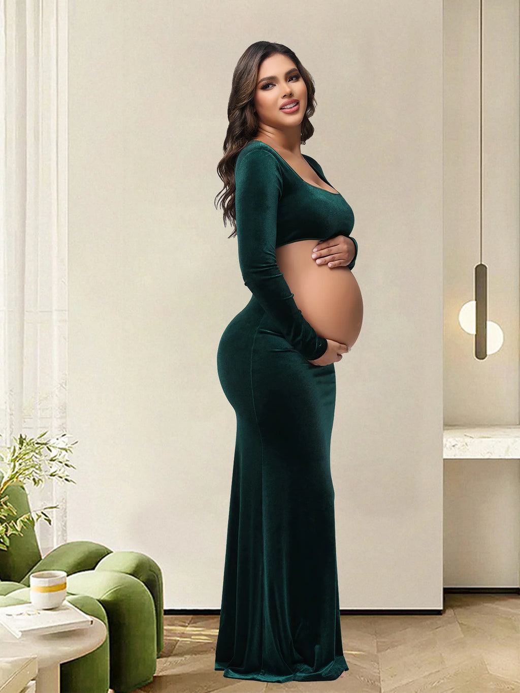 Maternity Photography Dress Velvet Sexy Exposed Belly Long Sleeve Backless Square Neck Women Photoshoot Dress