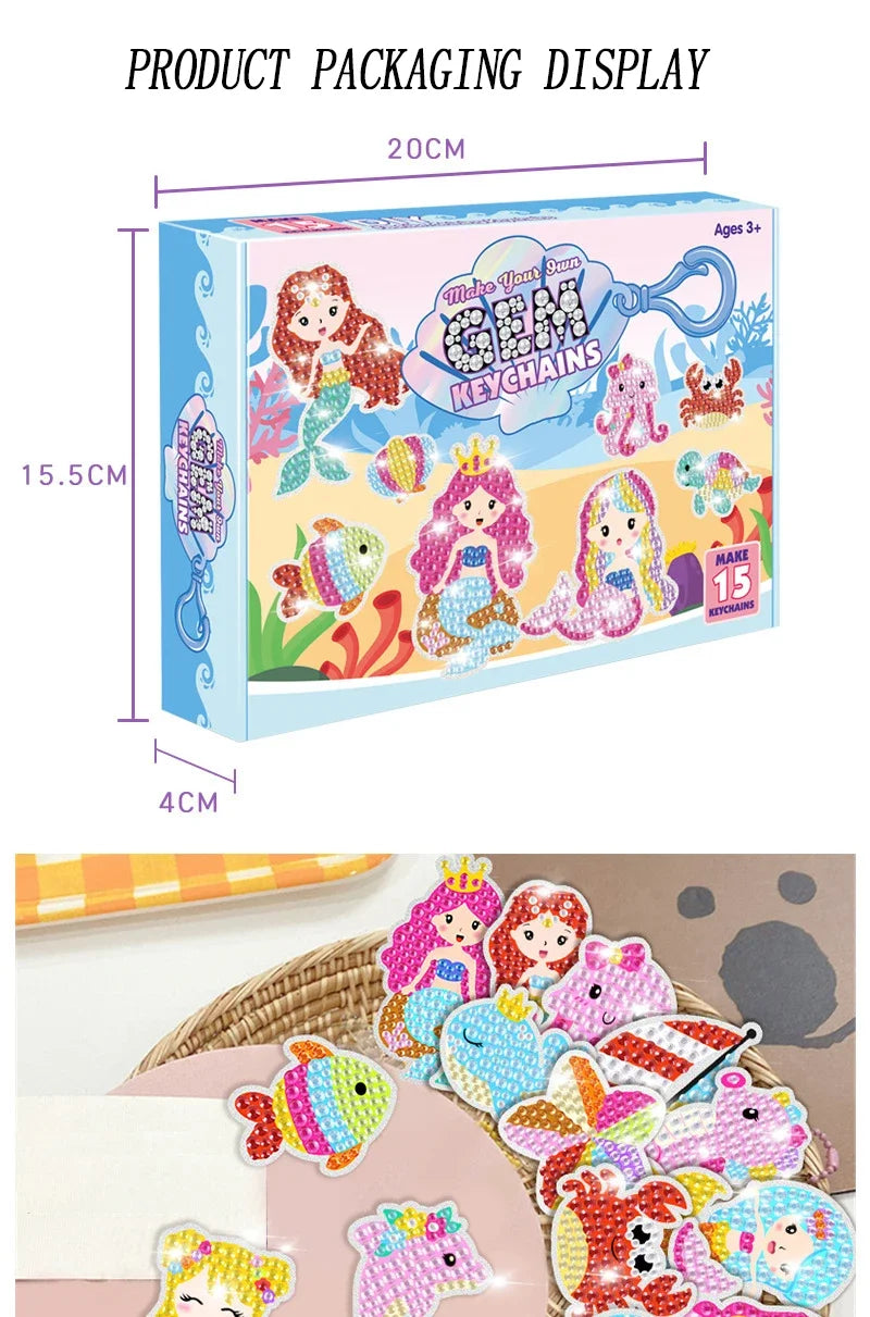 15 Piece Diamond Painting Handicraft Set for Children's Handmade DIY Mermaid Animal Keychain as a Gift for Children's