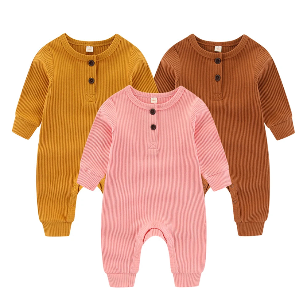 Unisex Infant Jumpsuit Set 3-Piece Solid Color Long Sleeve Rompers 0-24 Months For Babies