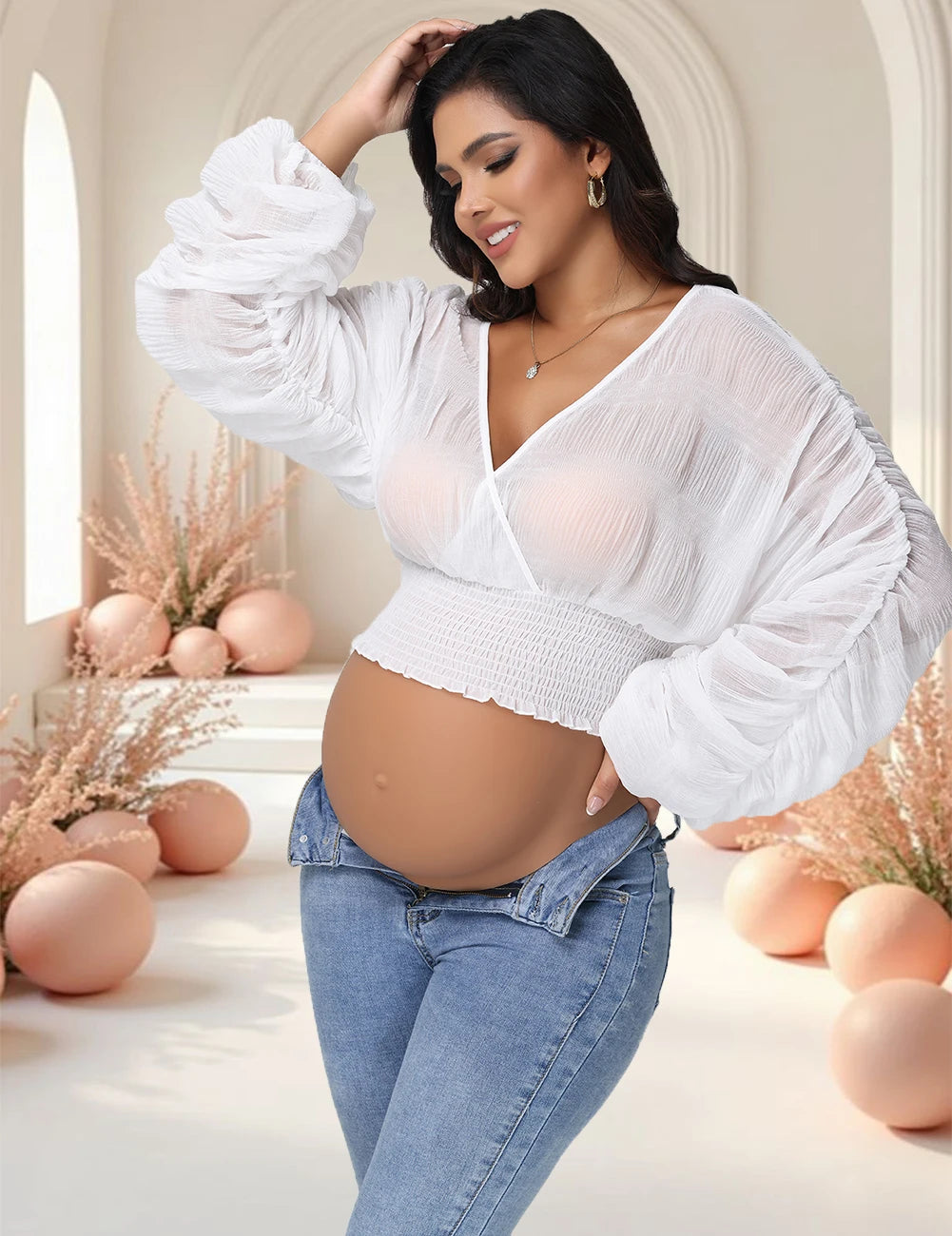 Maternity Sexy Drape Chiffon Blouse Elegant V-Neck Puff Long Sleeves Women Cropped Tops for Baby Shower Party Photoshoot