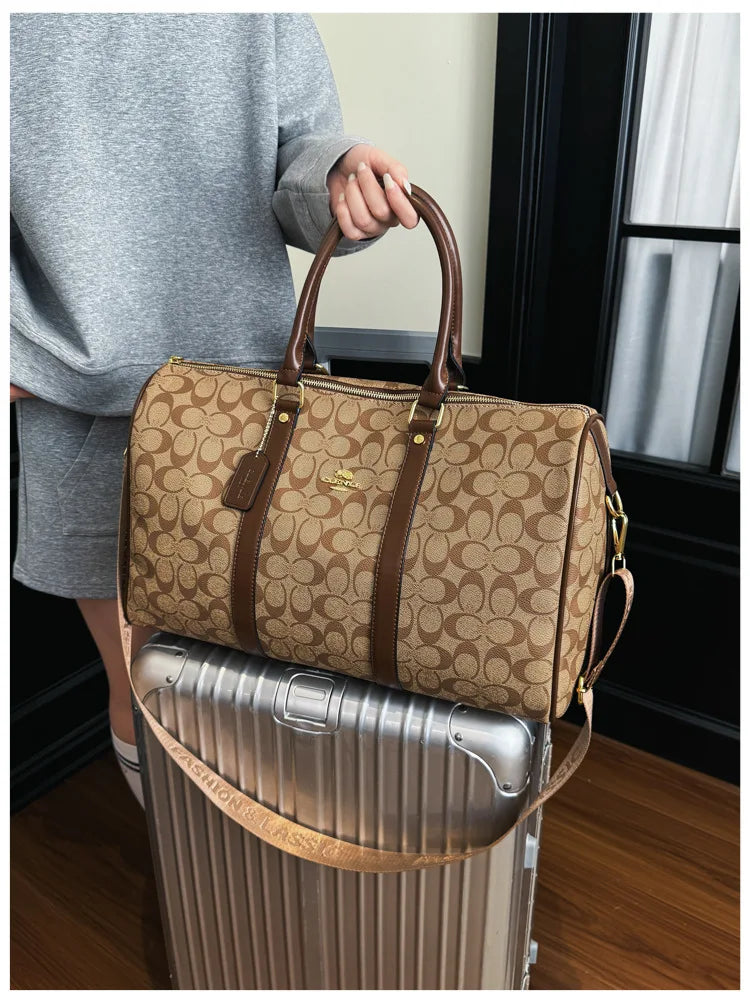 Classic Vintage Monogram Travel Duffle Bag, Trendy Versatile Overnight Weekender Bag with Top Handles & Adjustable Strap