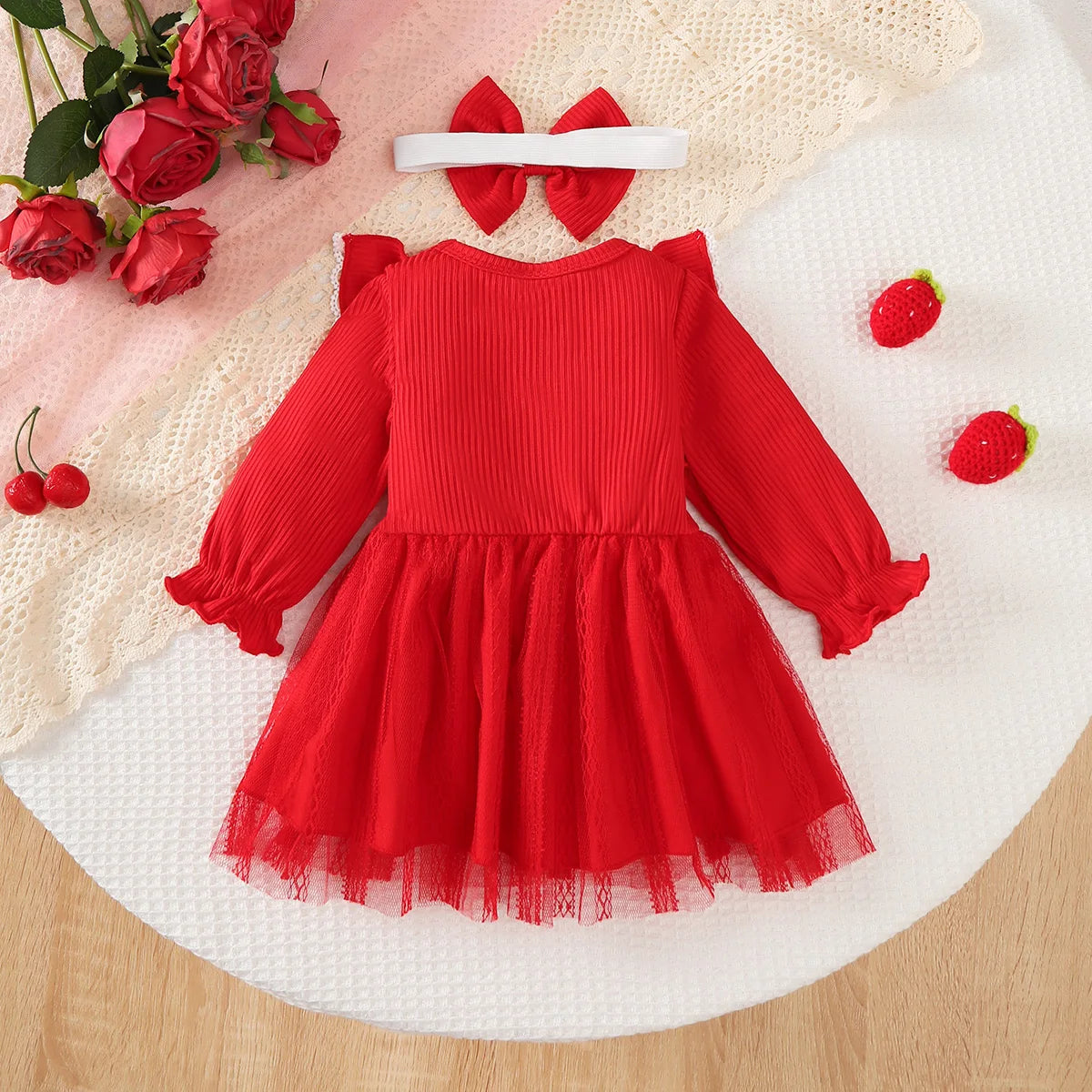 Baby girl Valentine's Day Dress Ruffled Chiffon Fashionable Dress+Bow 2Pcs for Baby girl 0-24 Months in Spring and Autumn Dress
