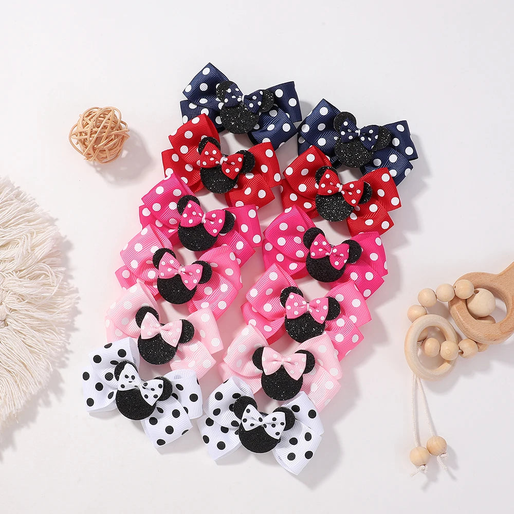 2/4Pcs Cute Bows Hair Clip for Children Boutique Cartoon Headdress Classic Woven Ribbon Polka Dot Pattern Kids Hair Clip