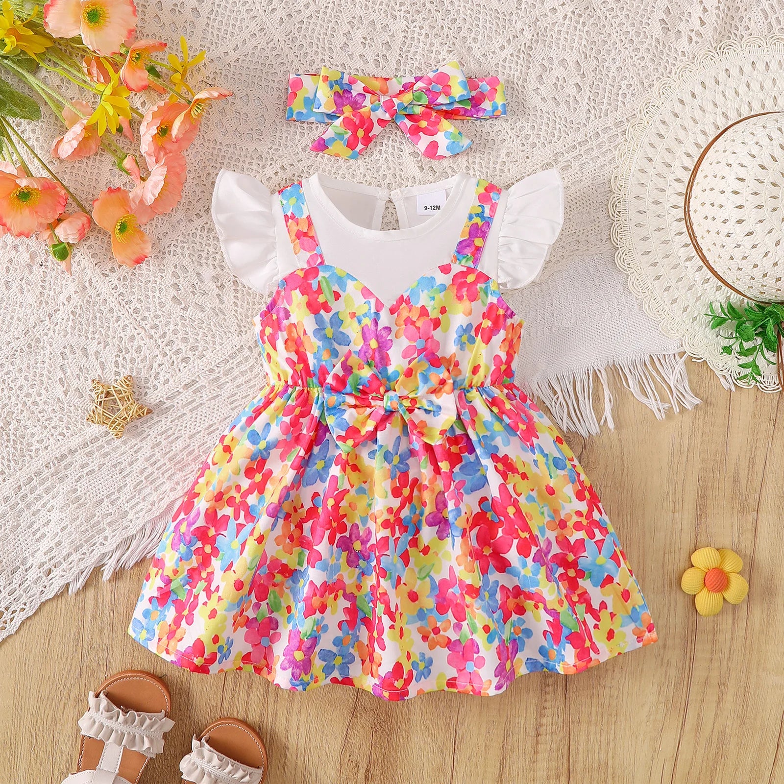 0-3 Year Baby girl Dress Round neck Colorful Floral Bow Dress+Headband Set Summer Cute Baby girl Casual Dress Baby clothing