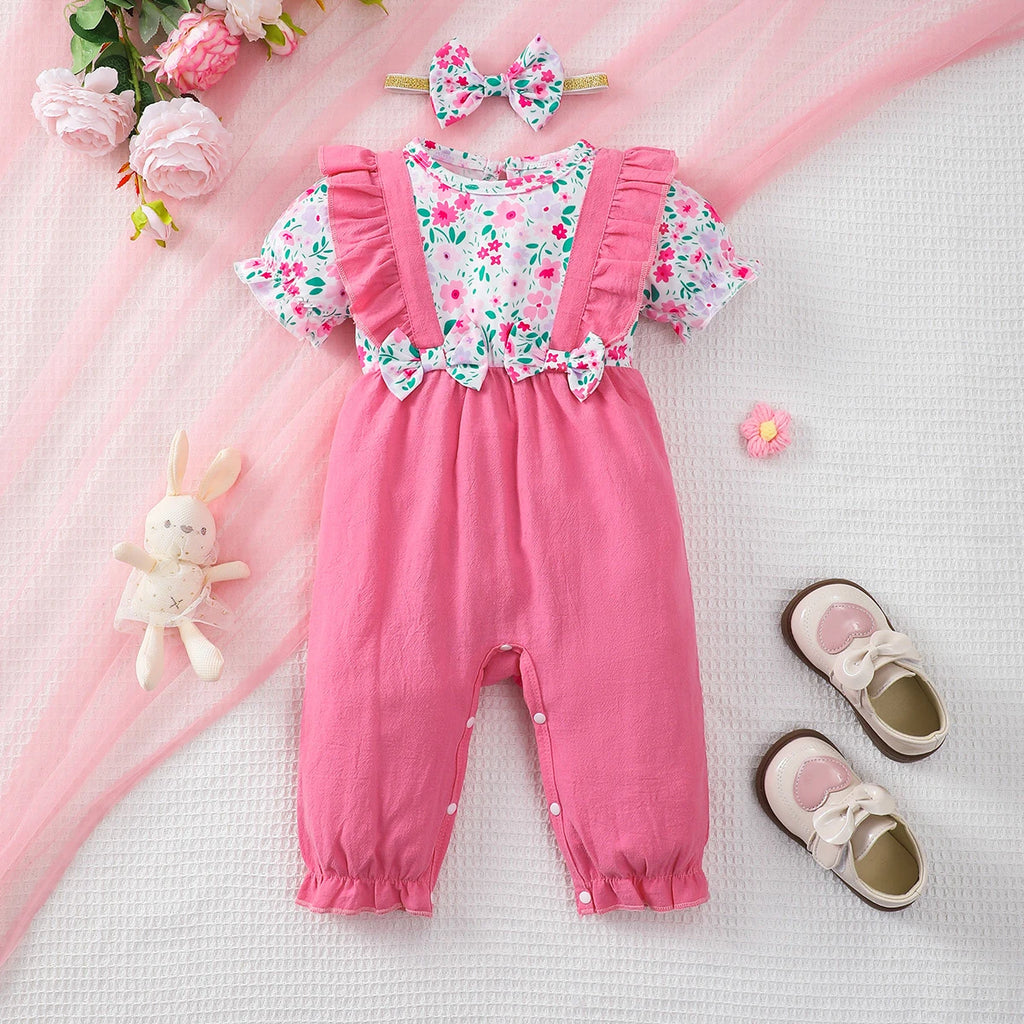 Newborn Baby girl Jumpsuit, Small Floral Volor Blocked Jumpsuit+Bow 0-18 Months, Comfortable Crawling Clothes for Female Babies
