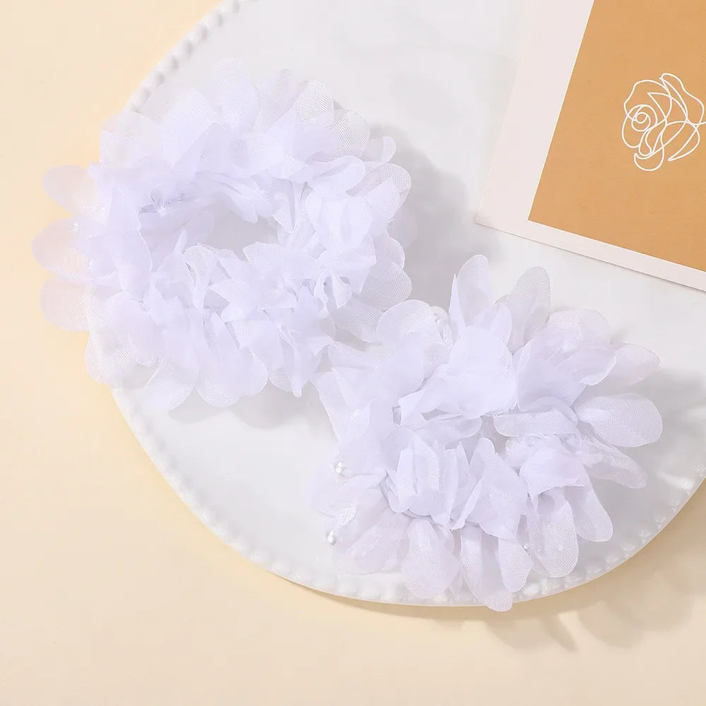 Kids Hair Bands Set With Chiffon Flowers Beads Ponytail Holders For Girls HBSet01 Elastic