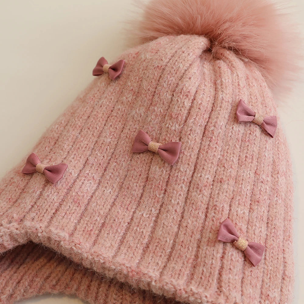Princess Children Winter Hat for Girls Pompom Bows Kids Bonnet Hat Warm Ears Thicken Children Girl Cap Faux Fur Ball 2-6Y