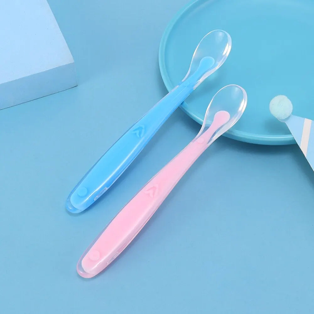 Baby Feeding Spoons 2PCS Set - Soft Silicone & PP Plastic Head - Safe for 6-24M+ Pink Blue Spoons Gift Box