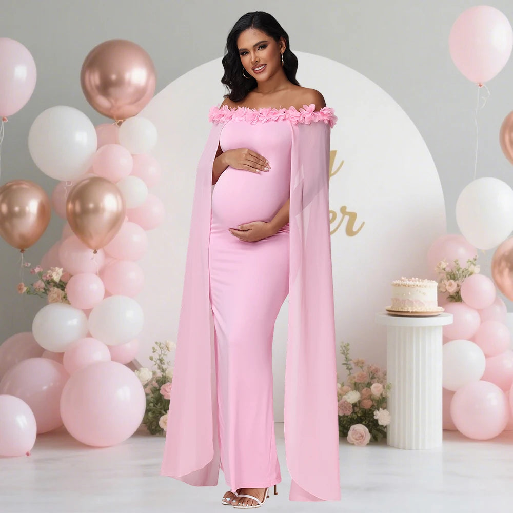 Maternity Floral Off Shoulder Floating Sleeves Dress Elegant Bodycon Maxi Gown for Photoshoot Baby Shower