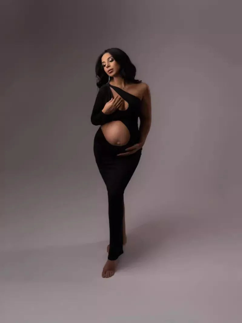Maternity One Shoulder Long Sleeves Belly-revealing Maxi Dress Baby Shower Gown For Photoshoot