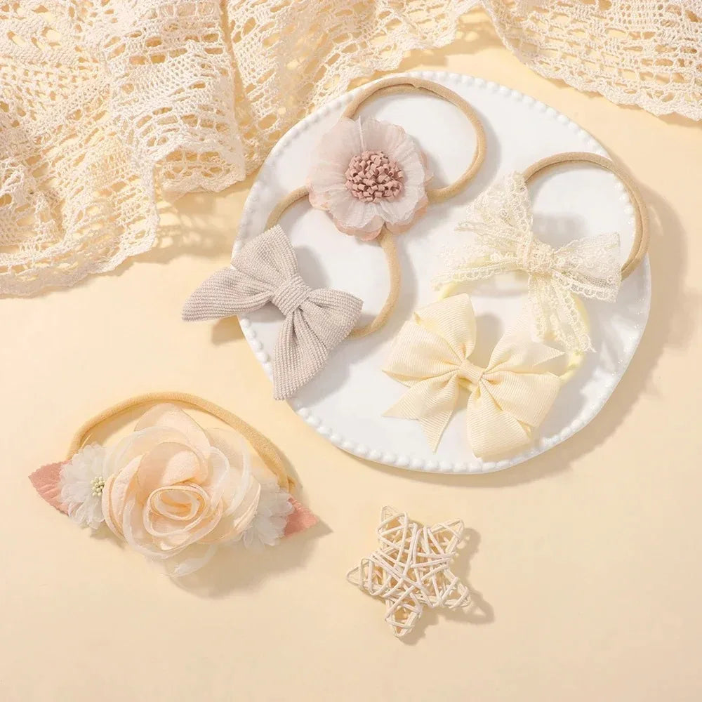 5Pcs Baby Flower Lace Bow Headband Elastic Nylon Newborn Head Band for Girl Infant Toddler Soft Hair Accessories Set