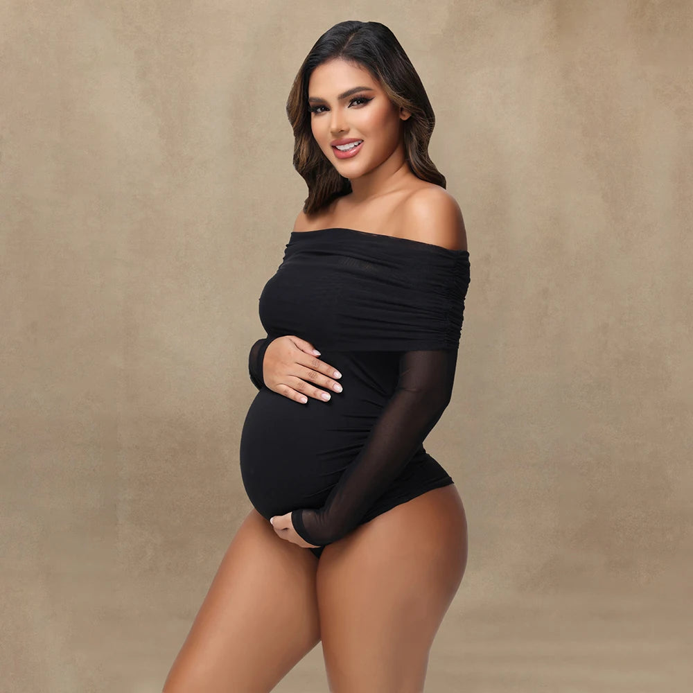 Maternity Photoshoot Bodysuit Long Sleeves Off-Shoulder Mesh Collar Bodycon Sexy See-Through Photography Jumpsuit
