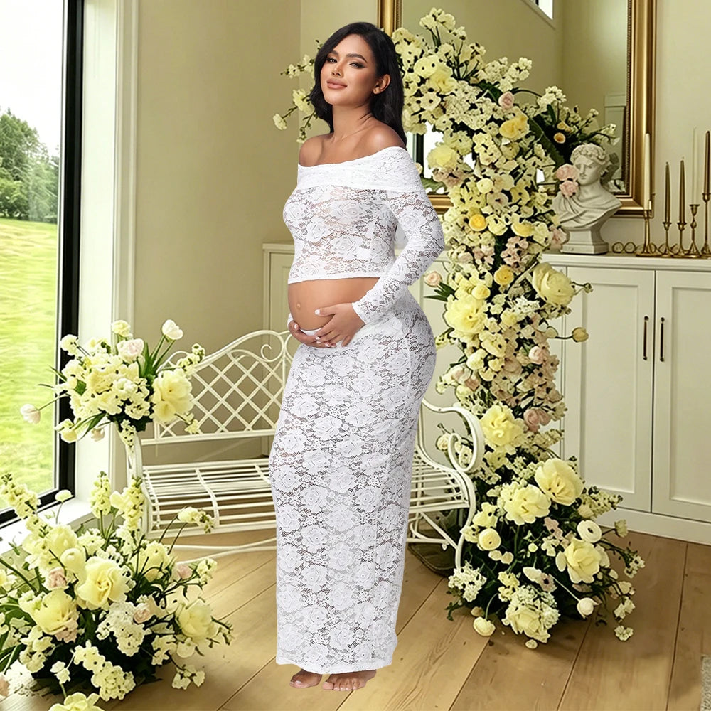 Maternity 2 Piece Outfits Dress Off Shoulder Long Sleeve See-Through Lace Top and Back Split Skirt for Baby Shower Photoshoot