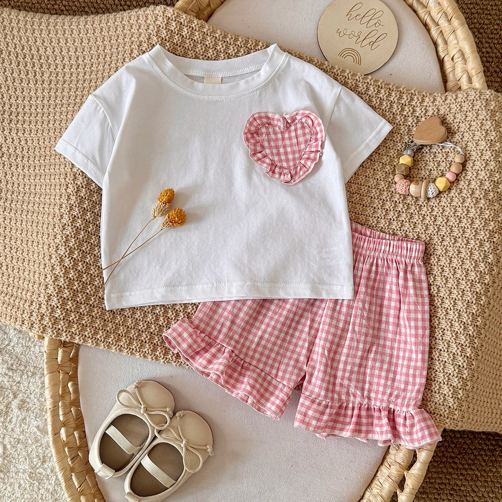 0-3Y Toddler Infant Kid Baby Girl Clothes Sets Soft Short Sleeve T-Shirt Heart Shaped Sticker Tops Striped Shorts