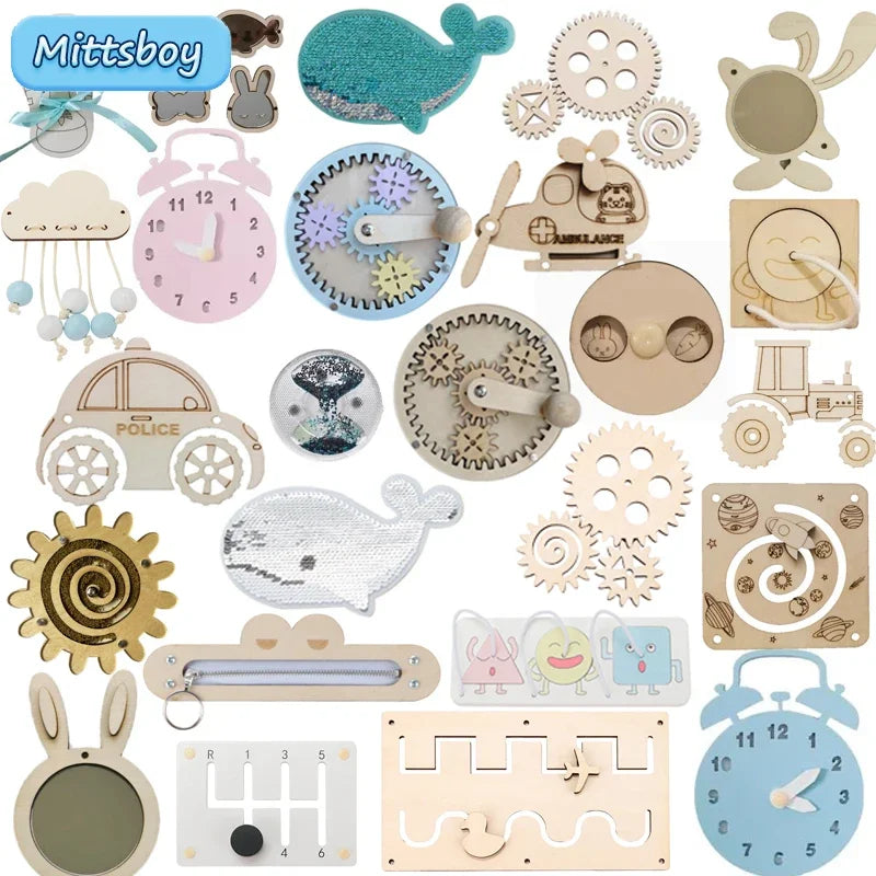 New DIY Montessori Busy Board Wooden Accessories Gear Hand Wheel Alarm Clock Animal Mirror Educational toys For Children Gifts