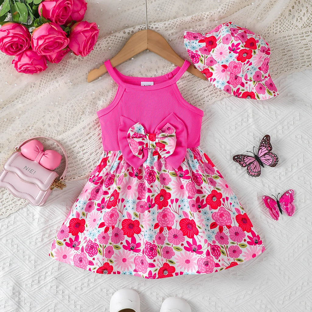 2Pcs Summer Baby girl Dress Maple leaves Bow Dress+Hat Set 0-3 Year Old Baby Girl Summer Beach Vacation Casual Dress