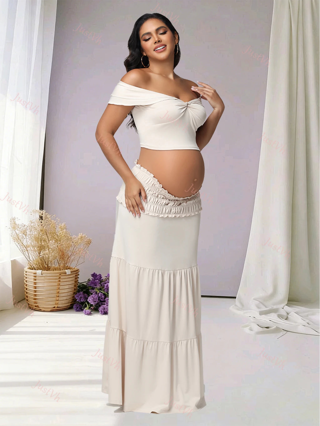 2 Piece Set Maternity Off Shoulder Twist Crop Top Ruffle Maxi Skirt Stretchy for Baby Shower Photoshoot Summer Beach Vacation