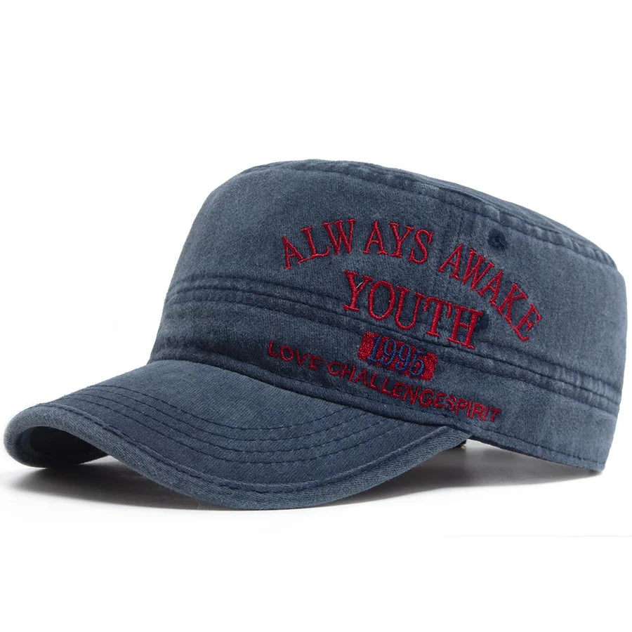 Washed Embroidered Letter Military Cap Flat Top Vintage American Style Sunshade Hat