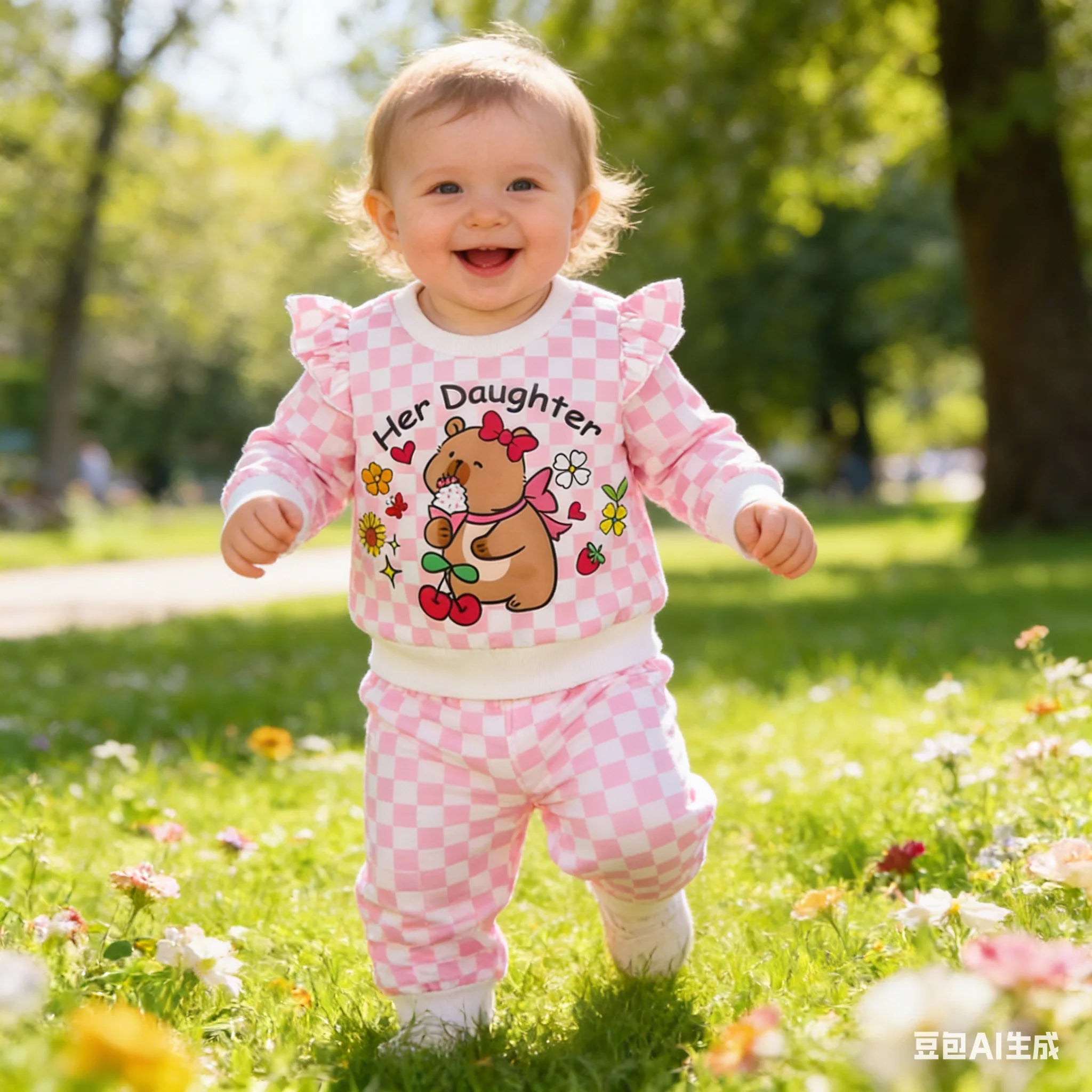 Baby Girl Casual Set Cute Capybara Printed Pink Checkered Long Sleeve Pants 2 Pieces/set Suitable for Cute Baby Girls 0-3 Years