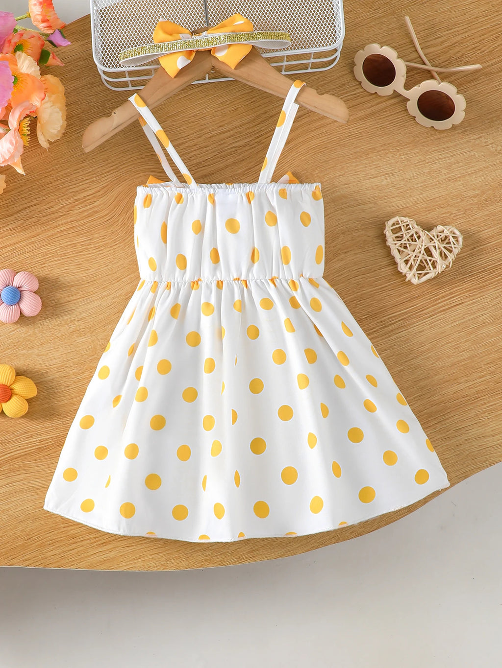 2Pcs/ Baby girl Dress Big Bow Polka Bot Suspender Summer Dress 0-3 Year old Baby Girl Vacation Casual Dress