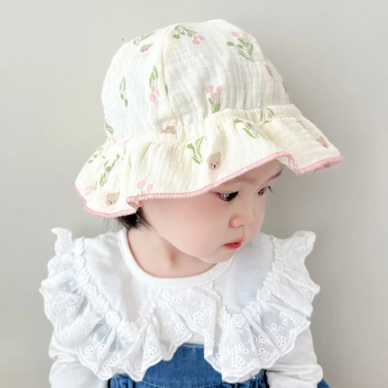 Spring Baby Girls Hat Floral Cotton Infant Fisherman Hats Outdoor Travel Sun Protection Princess Sweet Accessories 3-24M